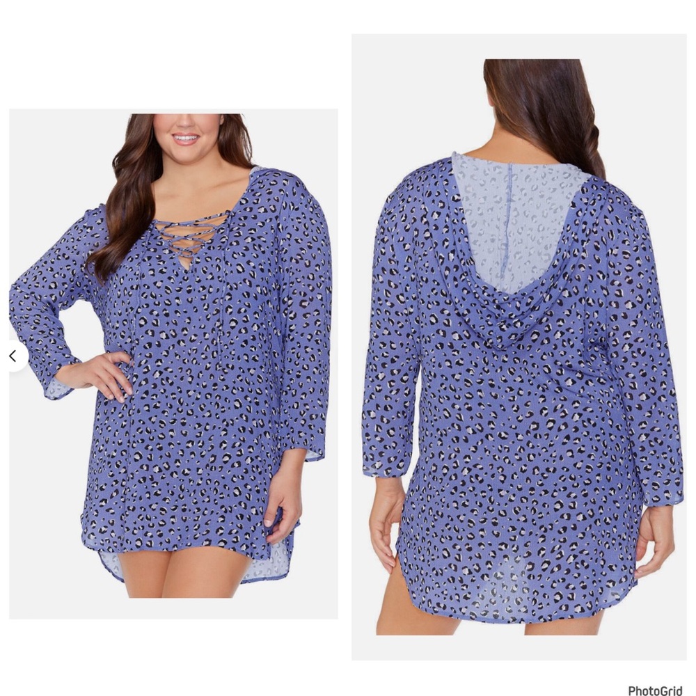 Raisins 1X plus size blue hooded swimsuit cover up NWT